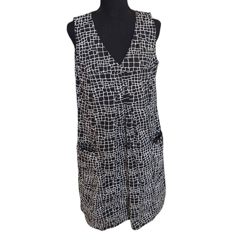 Cali Girls Womens V-Neck Sleeveless Cotton A-Line Dress Black White Size Small